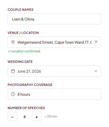 Screenshot of the new wedding form with venue, date, and time fields