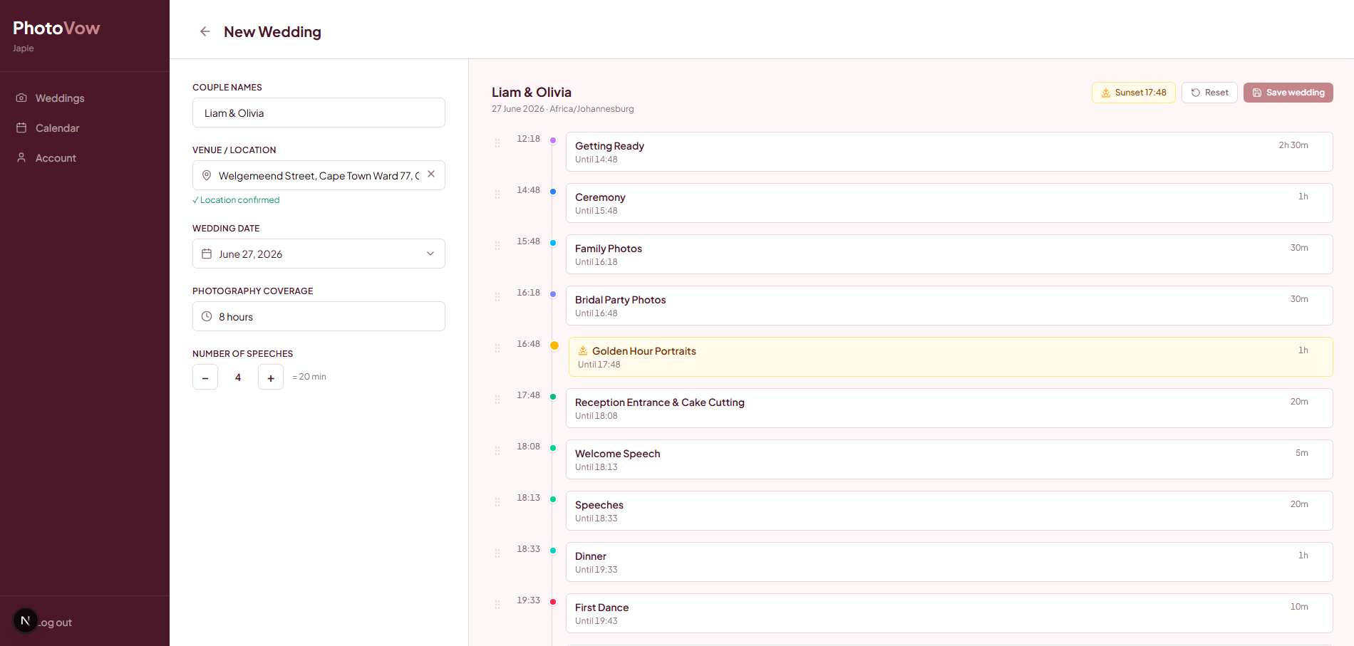 PhotoVow schedule view showing a full wedding day timeline with sunset highlighted